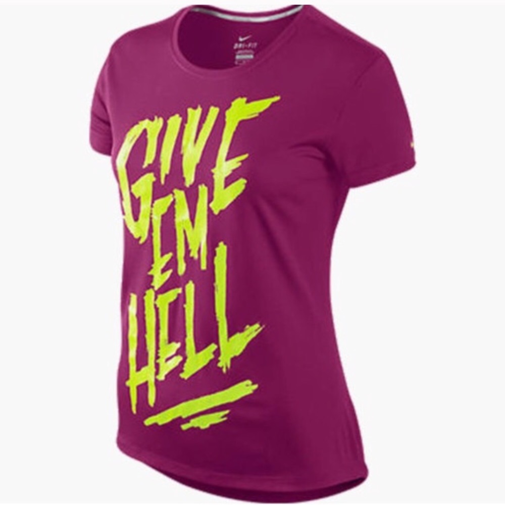 Nike Dri-Fit Give Em Hell Graphic Tee T-Shirt Raspberry Pink Lime Green Slogan M